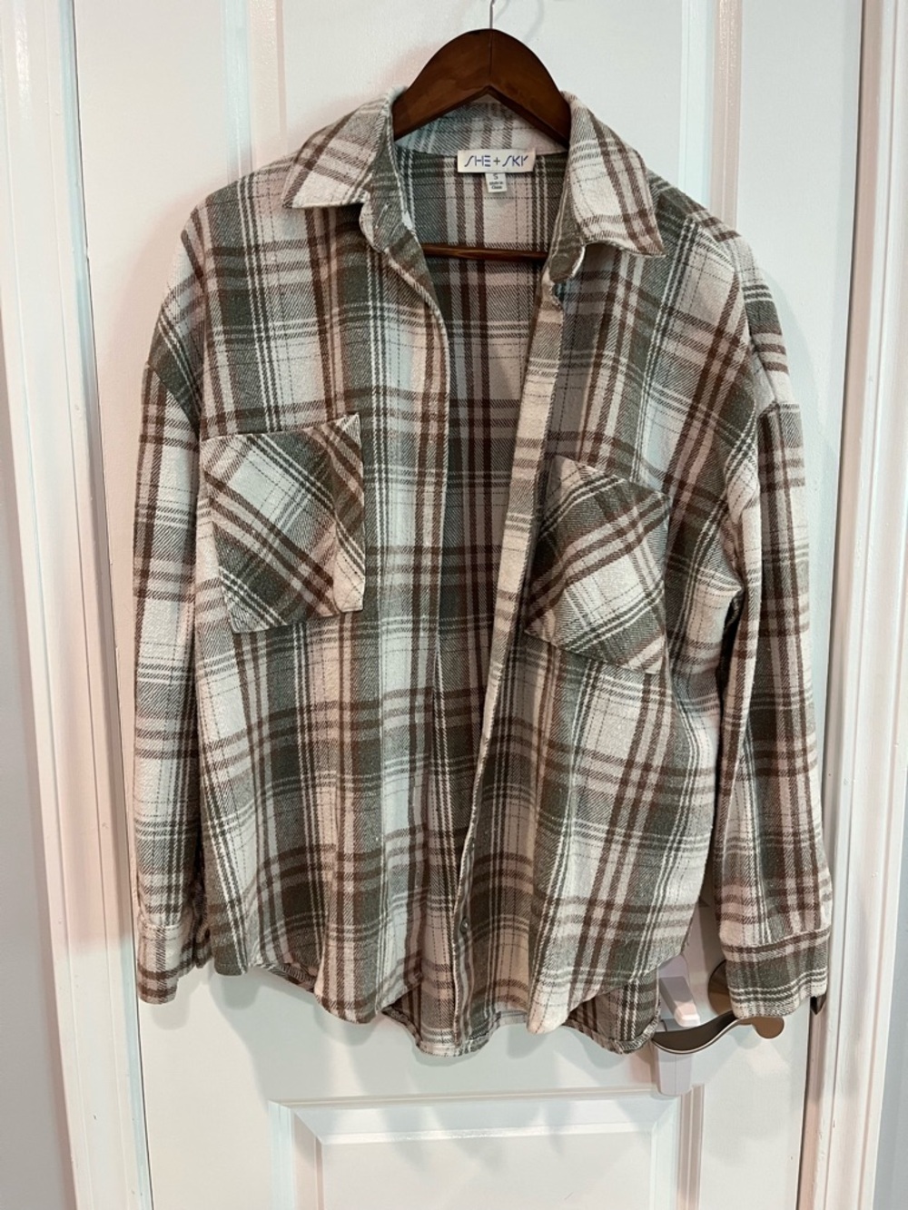 Plaid Flannel Shirt in Cream, Grey & Brown
